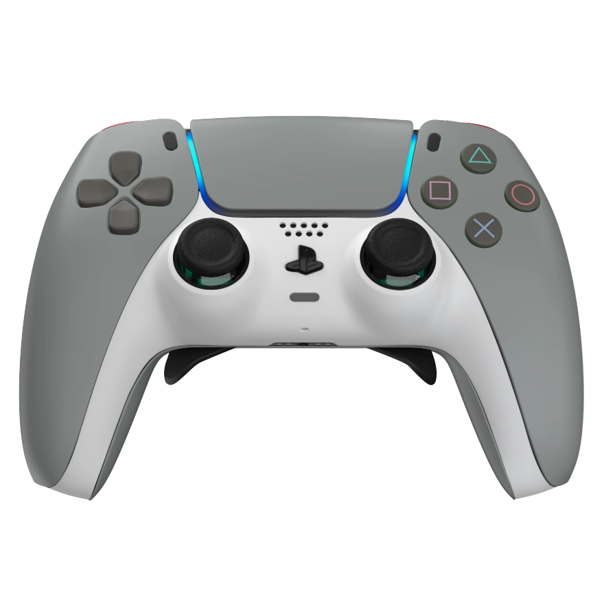 Manette PS5 OG soft grise personnalisée avec palettes, remapping et gâchettes mécaniques pour gamer