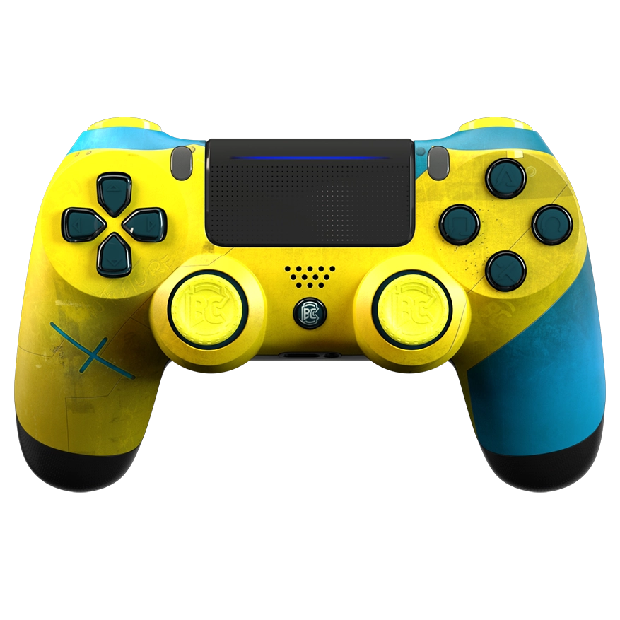 Manette PS4 jaune bleu cyberpunk personnalisée avec palettes pour gamer