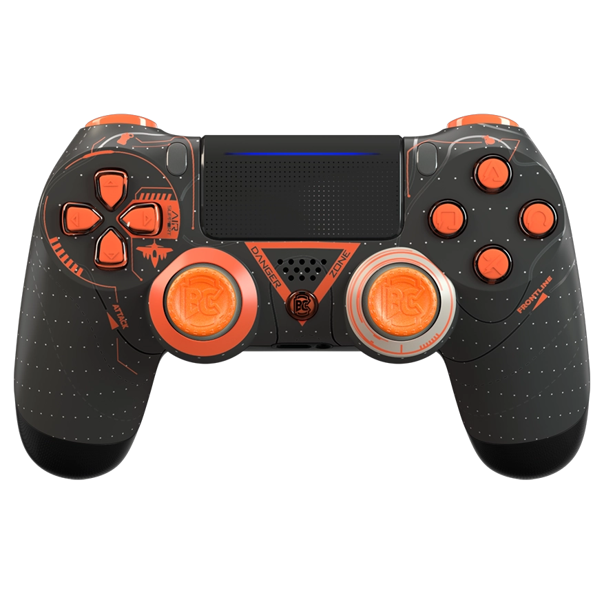 Manette PS4 grise orange personnalisée avec palettes, remapping et gâchettes mécaniques pour gamer
