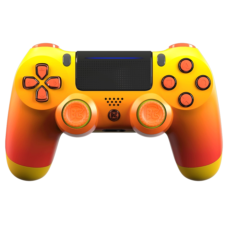Manette PS4 orange jaune tropical personnalisée avec palettes, remapping et gâchettes mécaniques pour gamer
