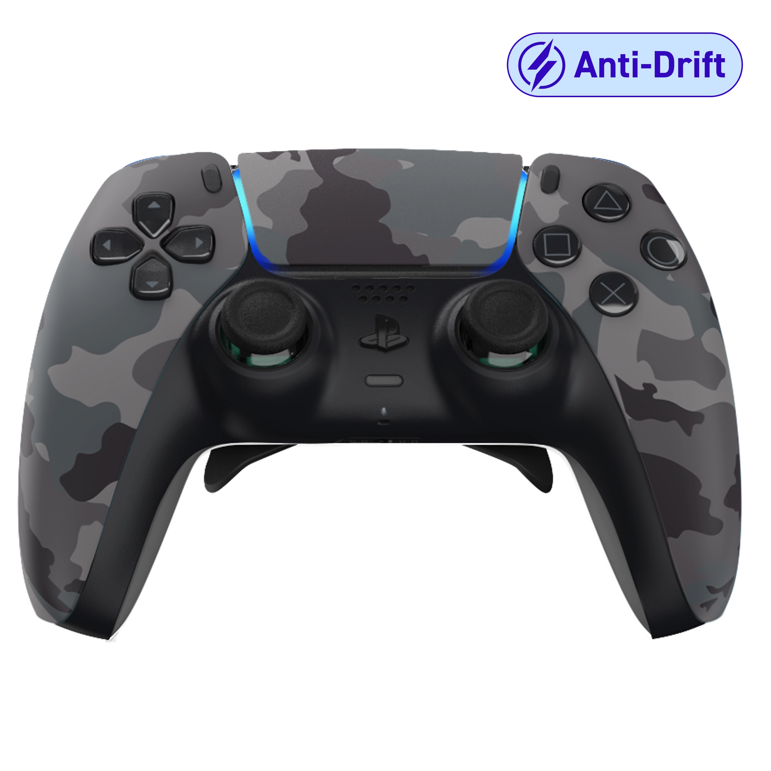 Manette PS5 grise camo personnalisée avec palettes, remapping, gâchettes mécaniques et anti drift pour gamer