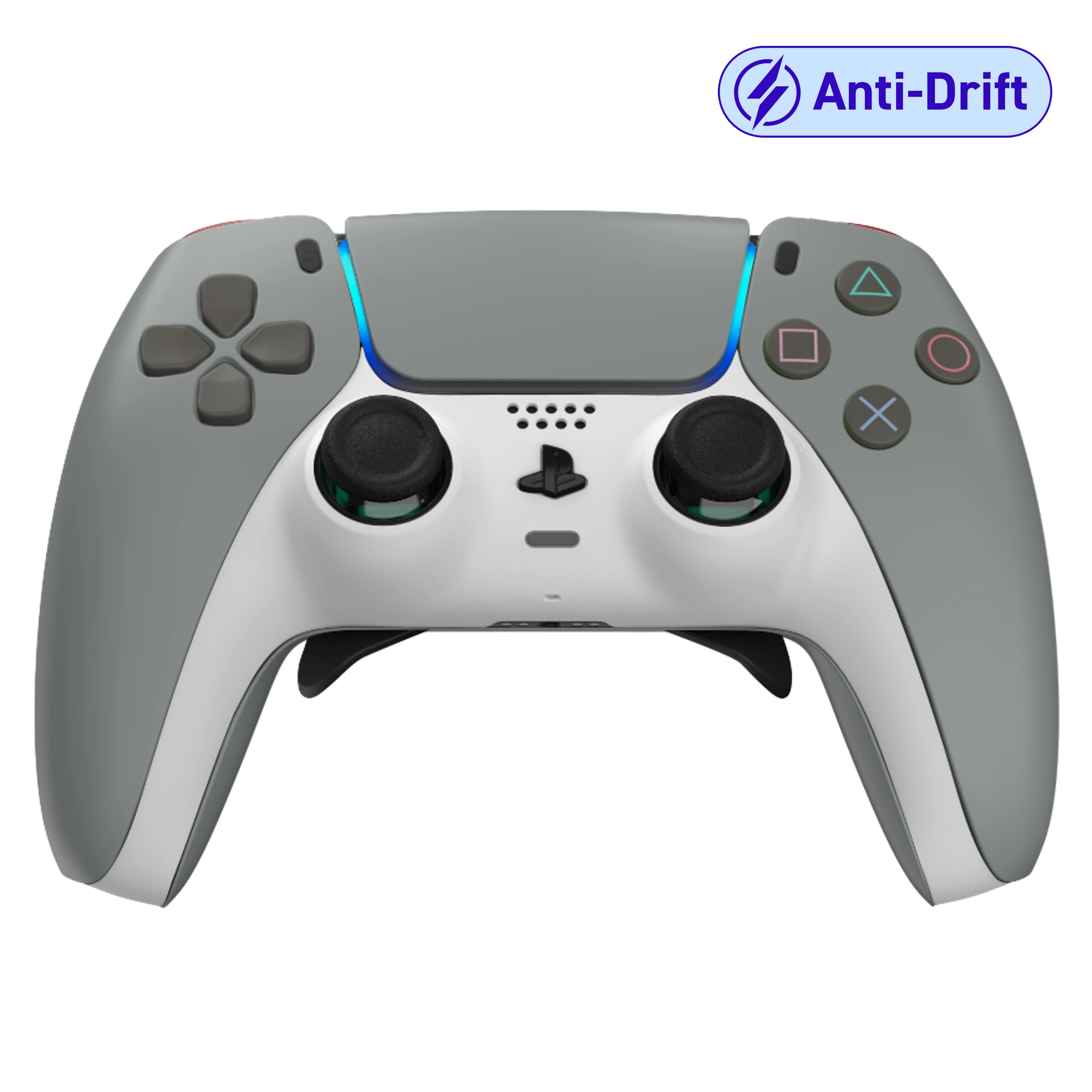 Manette PS5 OG soft grise personnalisée avec palettes, remapping, gâchettes mécaniques et anti drift pour gamer