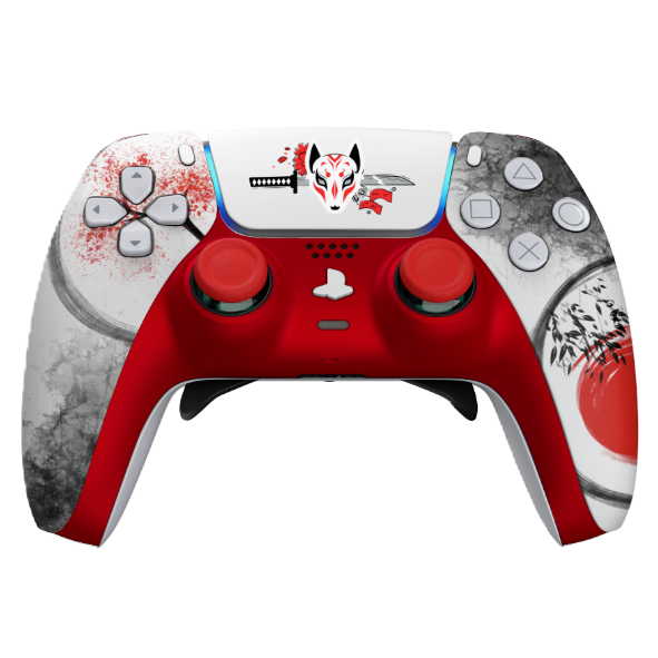 Manette PS5 blanche samourai personnalisée avec palettes, remapping, gâchettes mécaniques et anti drift pour gamer