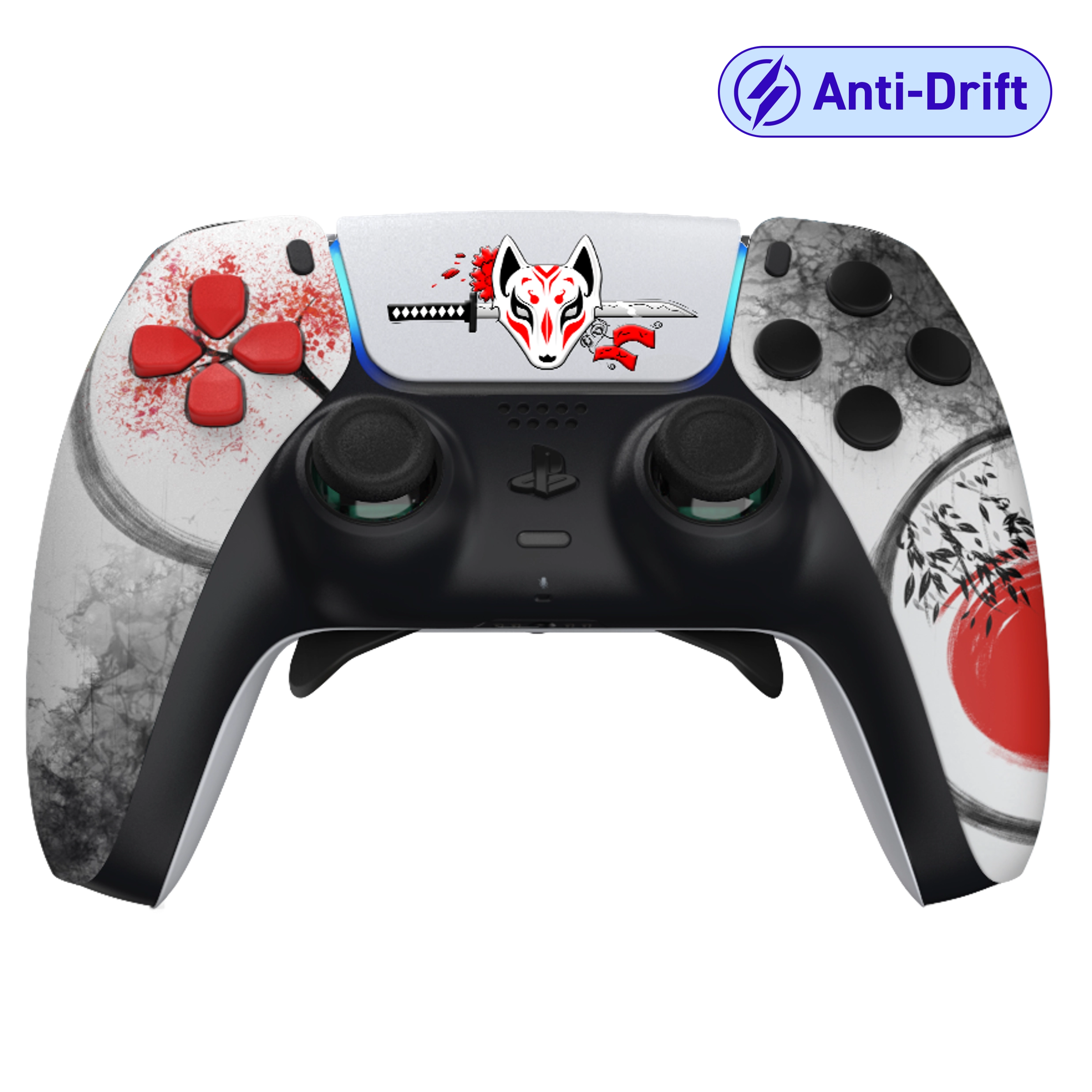 Manette PS5 blanche samourai personnalisée avec palettes, remapping, gâchettes mécaniques et anti drift pour gamer