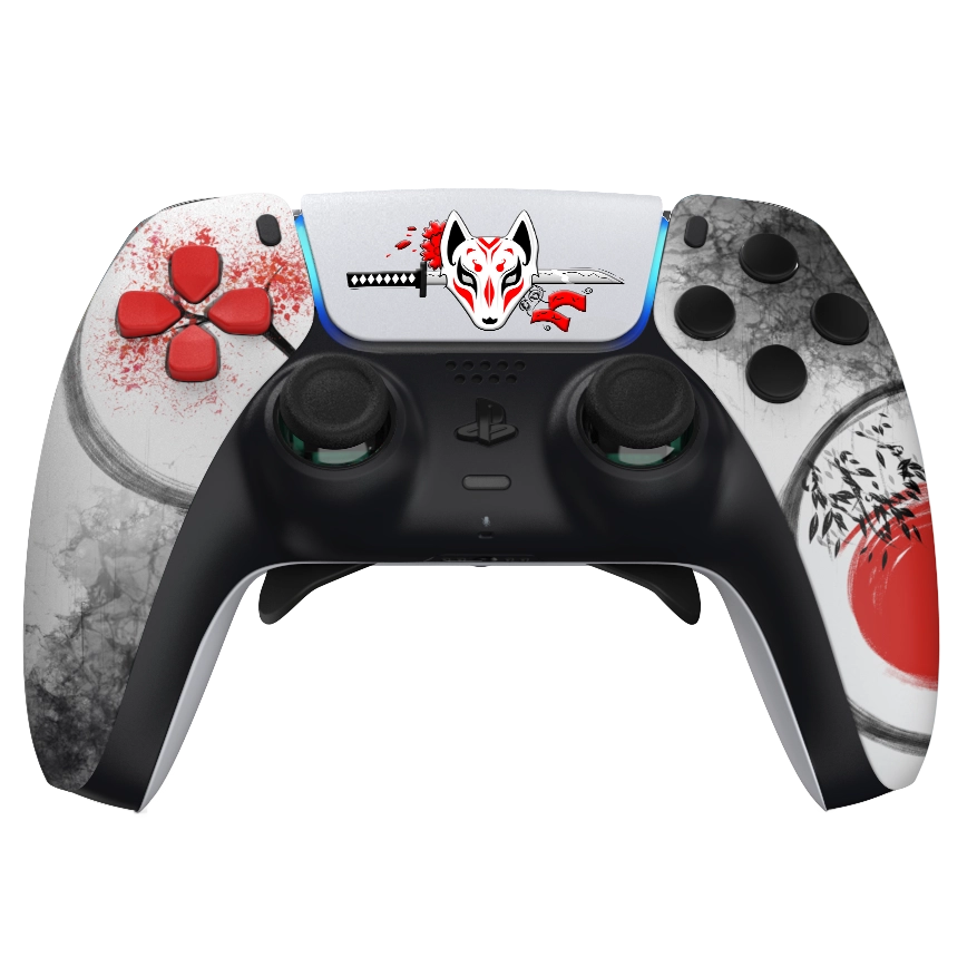 Manette PS5 blanche samourai personnalisée avec palettes remapping pour gamer