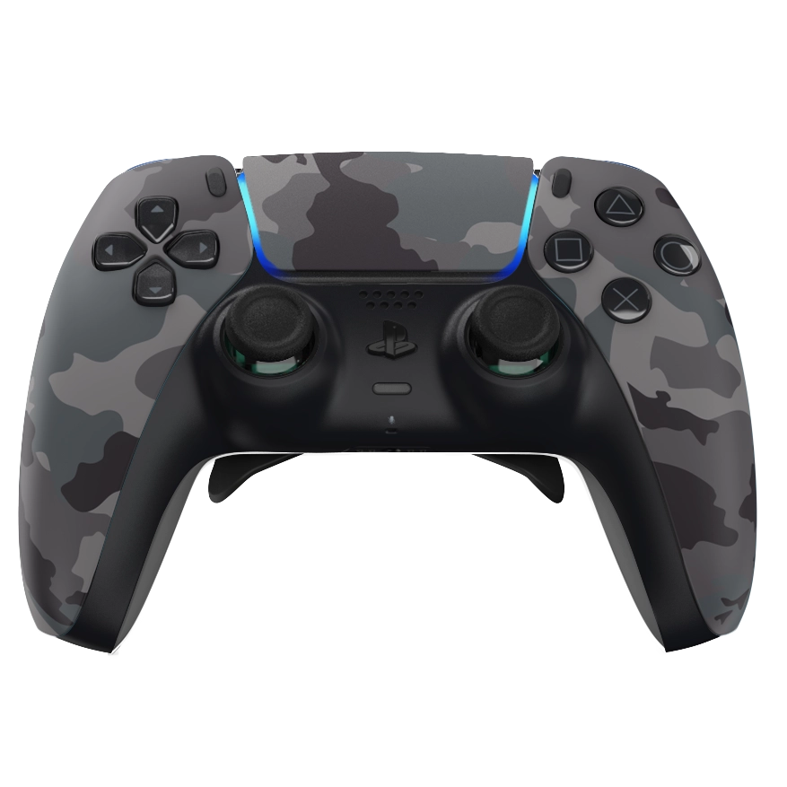 Manette PS5 grise camo personnalisée avec palettes remapping pour gamer