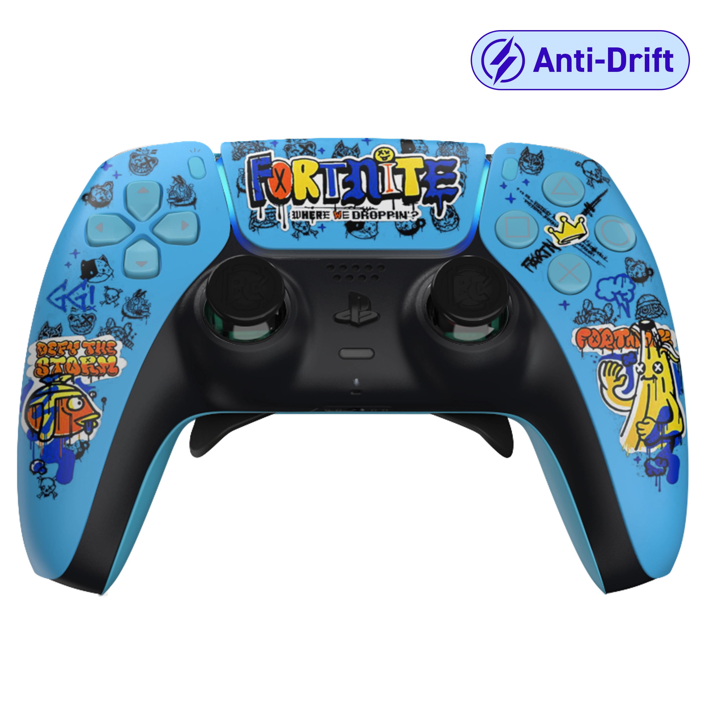 Manette PS5 fortnite bleu personnalisée avec palettes remapping et anti drift pour gamer