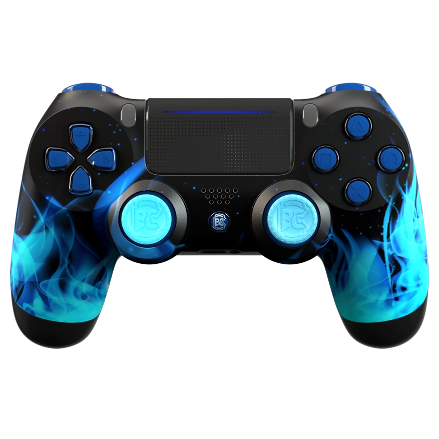 Manette PS4 bleu burn flamme personnalisée avec palettes, remapping  et gâchettes mécaniques pour gamer