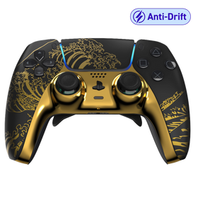 Manette PS5 noir gold personnalisée avec palettes, remapping, gâchettes mécaniques et anti drift pour gamer